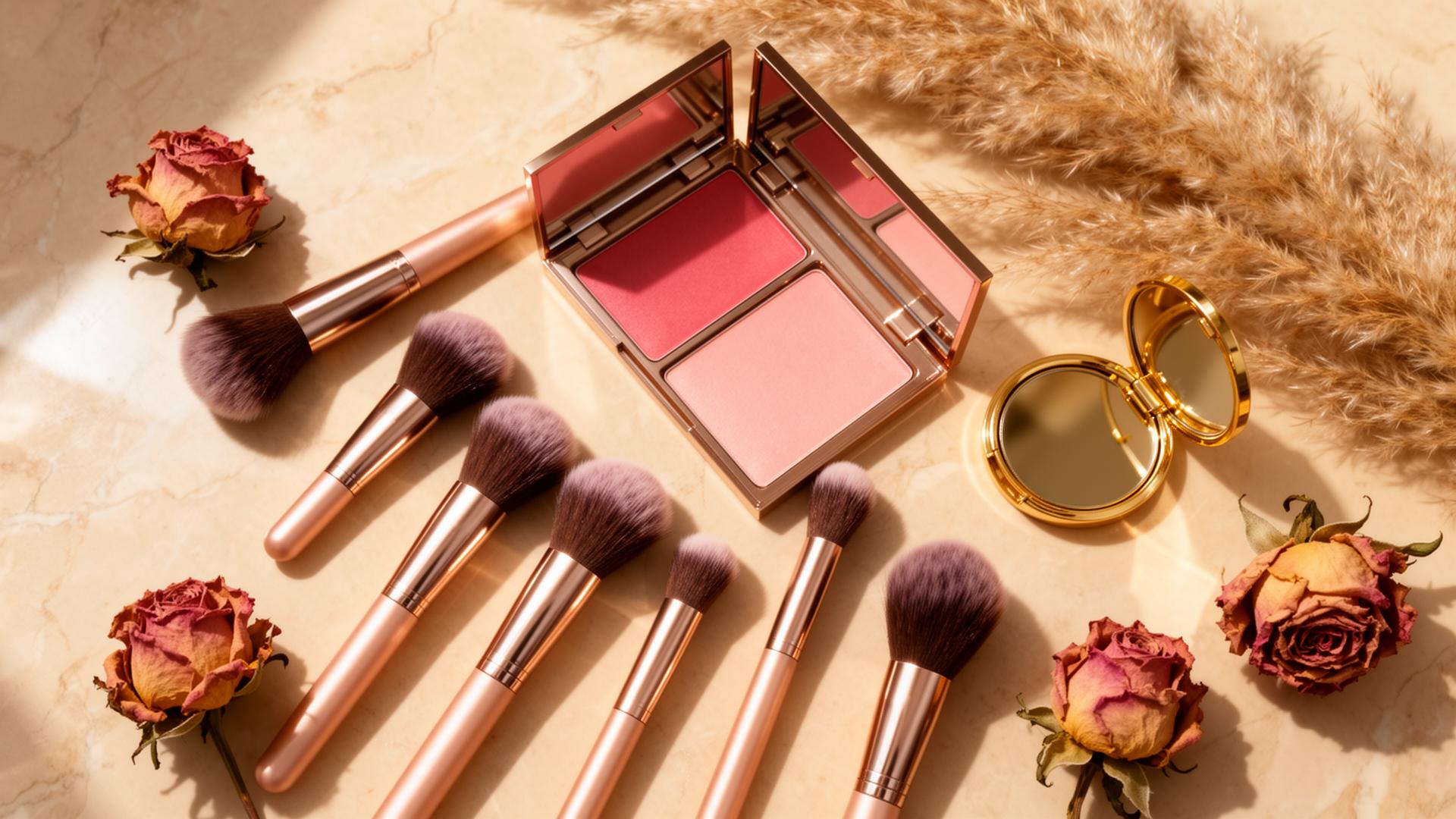 Makeup brushes and blush palette